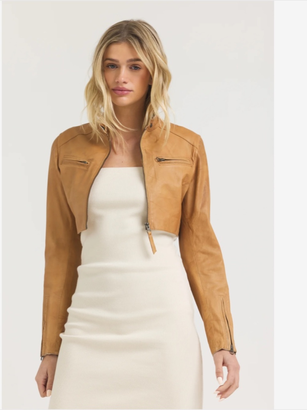 JKT Cropped Vespa Patina Leather Jacket in Au Lait Size M NWT - Picture 2 of 10
